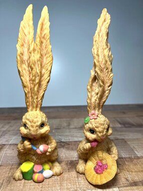 2 Hand-Painted Easter Bunny Figurines Decorating Eggs & Strawberry Basket
